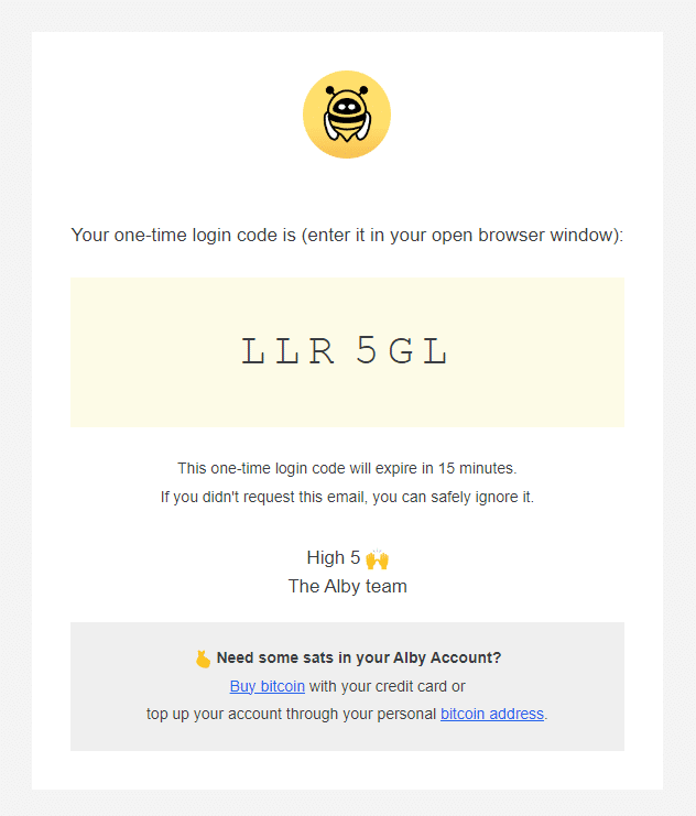 verify your alby account with a one-time login code