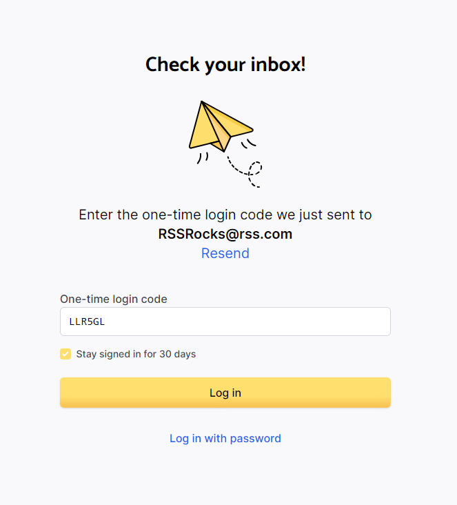 paste your one-time login code and select connect with RSS.com